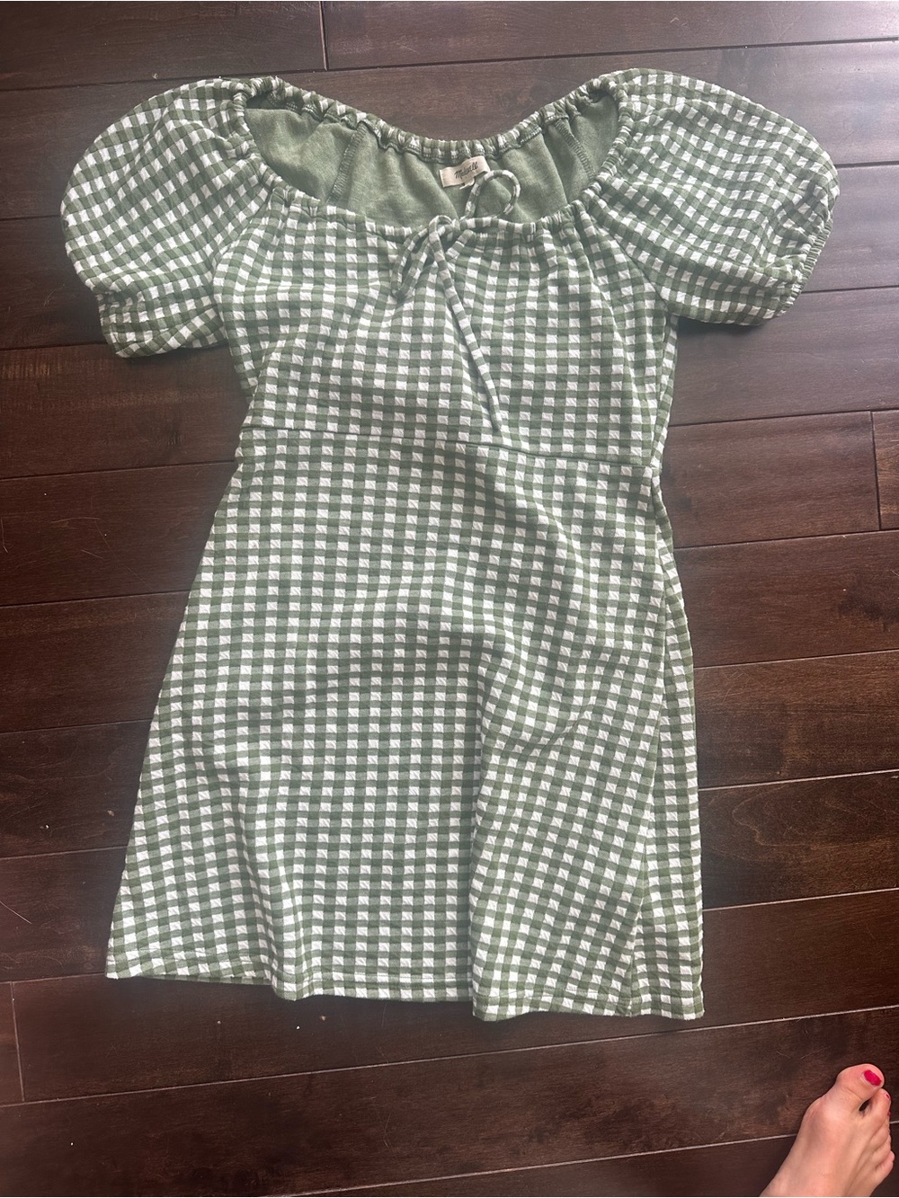 Madewell Green and White Gingham Puff-Sleeve Dress